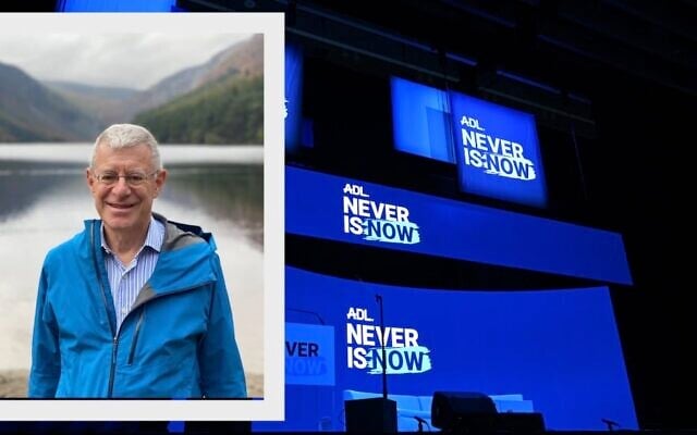 Inset: Joe Berman resigned from the Anti-Defamation League in March 2025. (Courtesy Berman); Background: A view during the ADL Never Is Now Summit on March 3, 2025, in New York City. (Bryan Bedder/Getty Images for Anti-Defamation League via JTA)